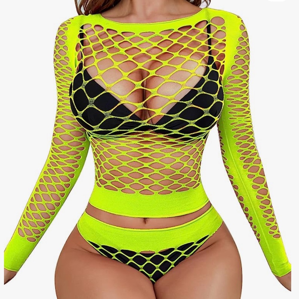 Neon Yellow Fishnet Set